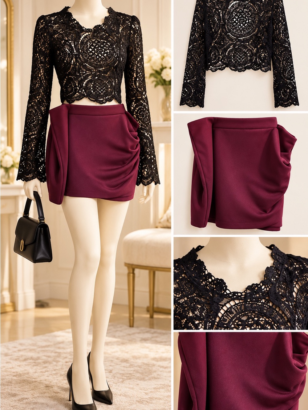 Women’s Draped Mini Skirt in Burgundy